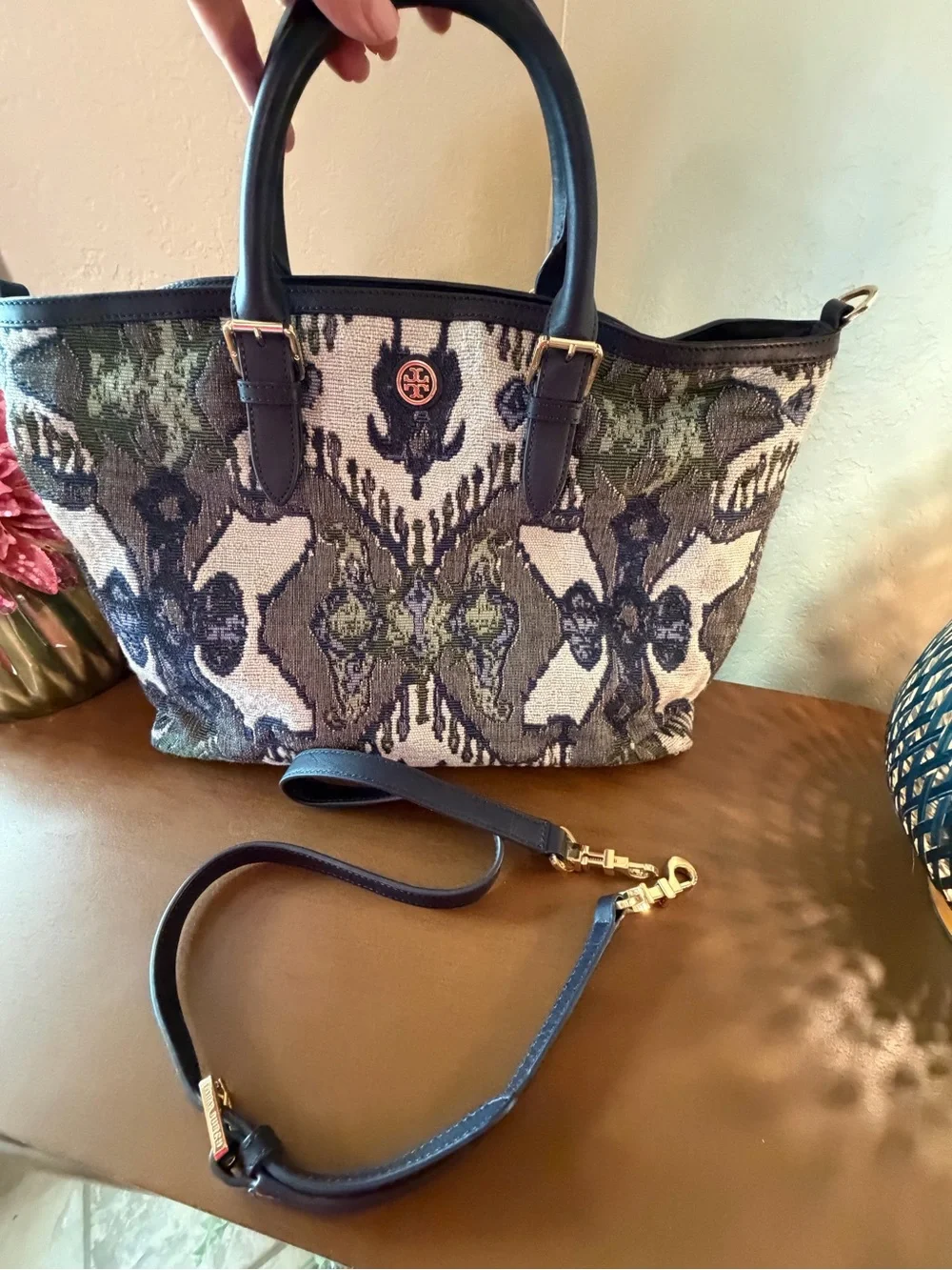 Tory Burch Olive Green, Navy and Cream Tapestry Tote with Dust Bag & long strap
